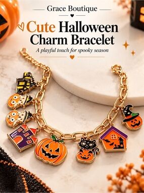 Gold Halloween Charm Bracelet with Orange & Black Enamel Charms